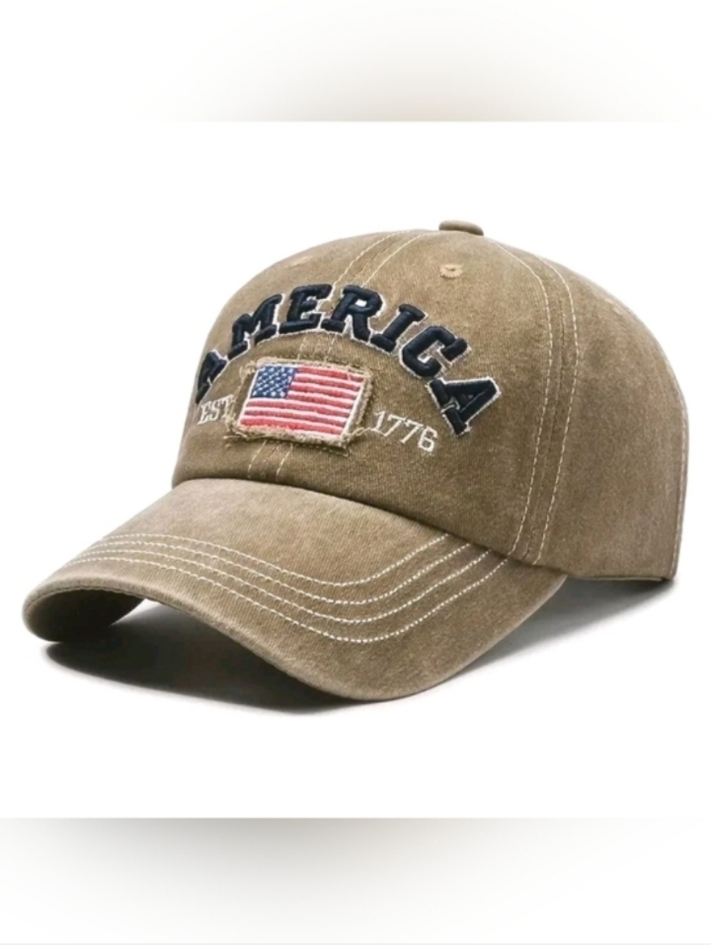 Unisex America Embroidered Flag Baseball Cap - Olive/Tan